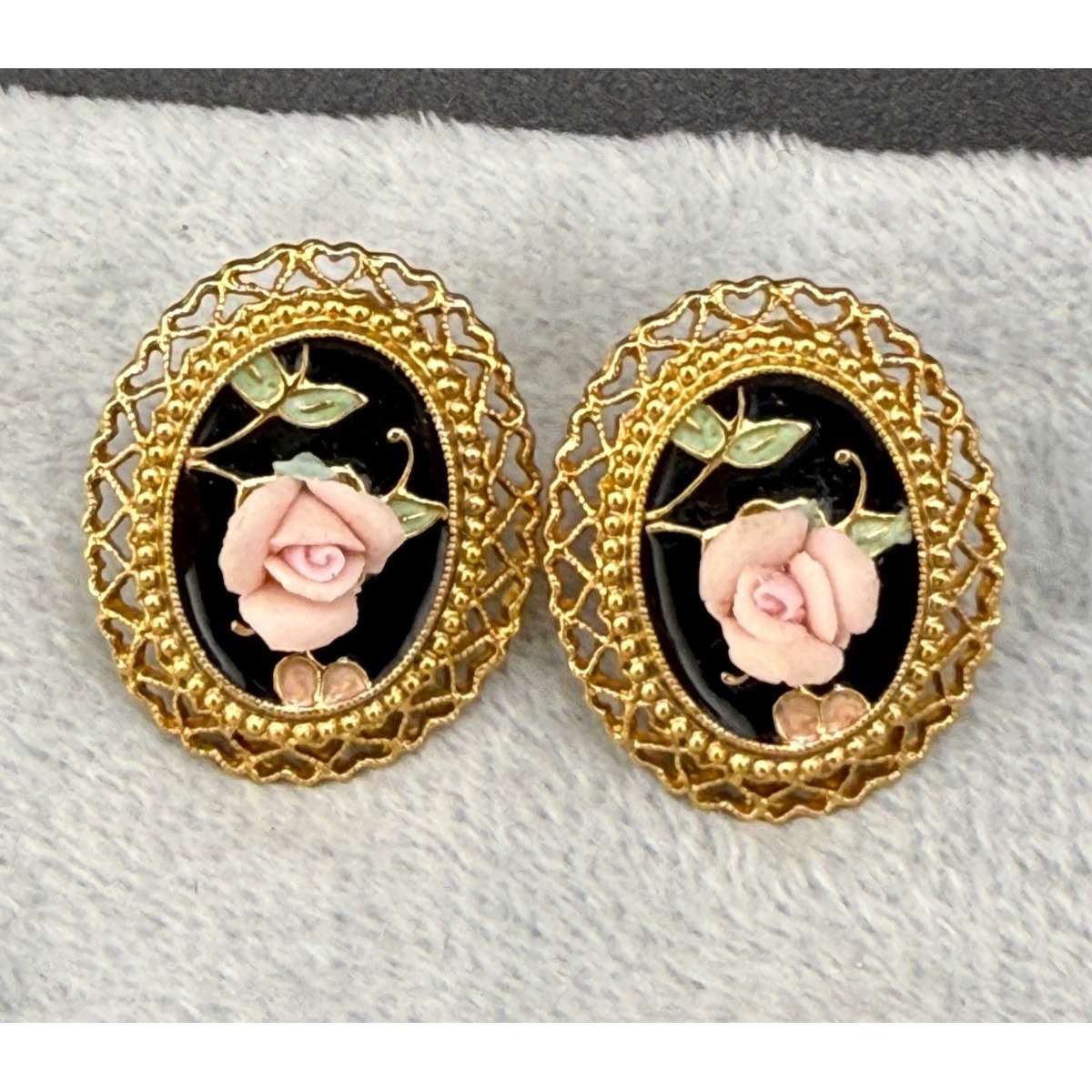 1928 Victorian Revival Clip On Earrings Gold Tone Flower Enamel